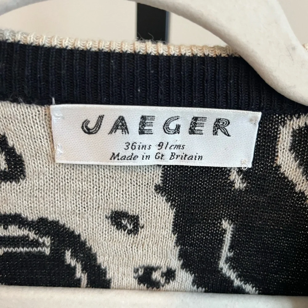 Vintage Jaeger Floral Knit Cardigan Made in Britain Cotton Linen Black Cream - Picture 3 of 10